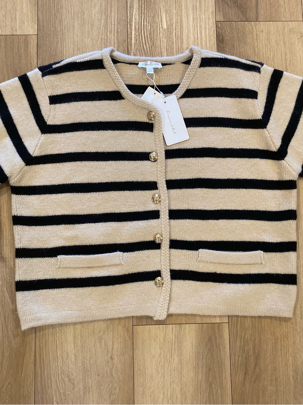 Line & Dot Benni Striped Knit Cardigan Beige/Black Size L NWT - Picture 2 of 7